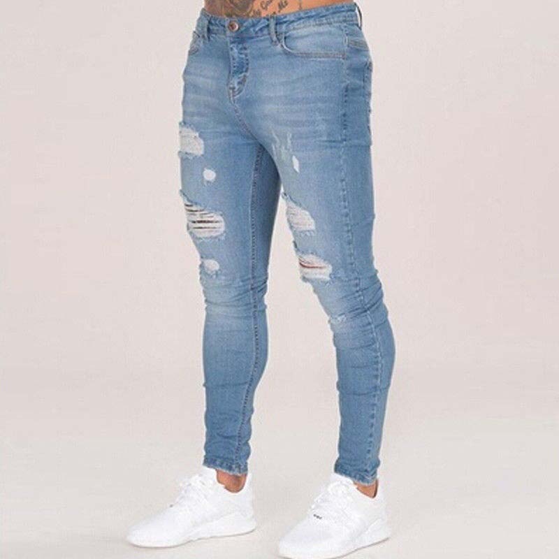 2023 New Mens Jeans Hip Hop White Moto Skinny Ripped Pure Color Elastic Denim Pants Male Casual Waistline Jogging Pencil Pants