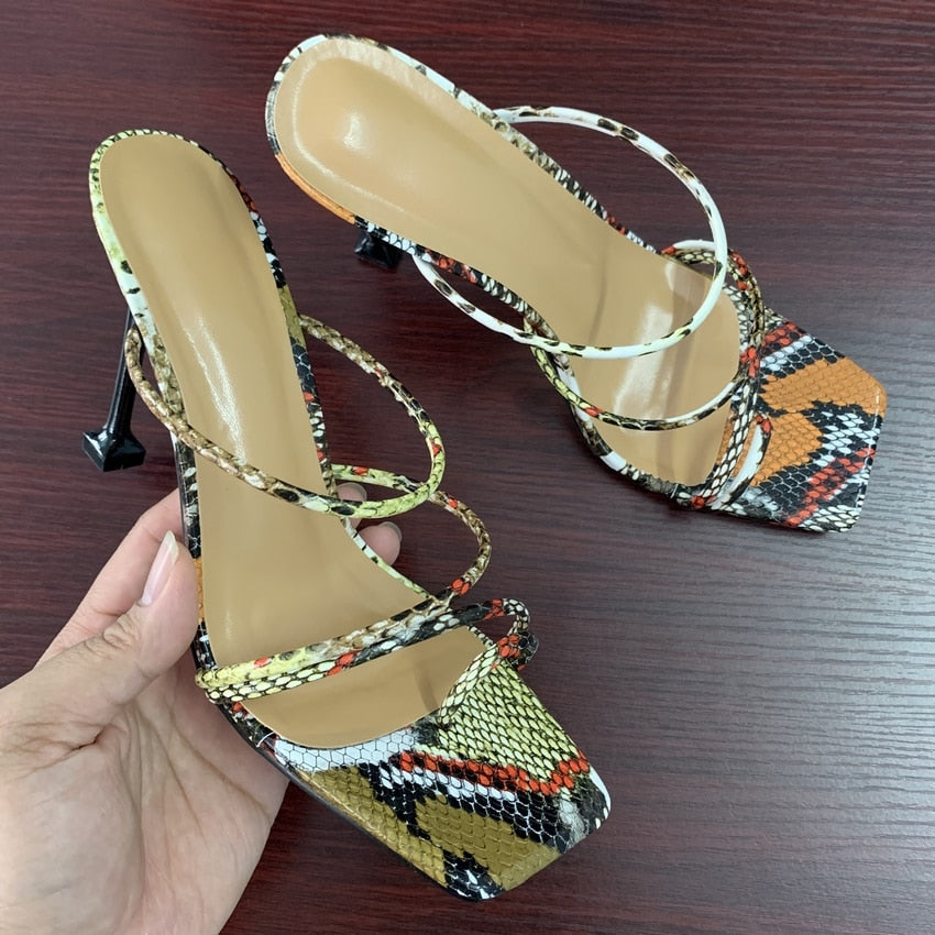 Women sandals snake print strappy mule heels sandals slippers women high heels flip flops square toe slides party shoes woman