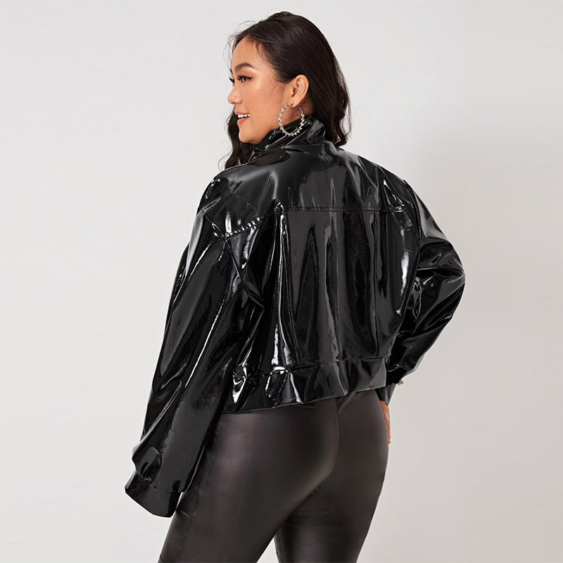 Women Plus Size Zip Up Patent Leather Jacket Long Sleeve Casual PU Turn-down Collar Short Coats Outwear Motorcycle Jacket Custom