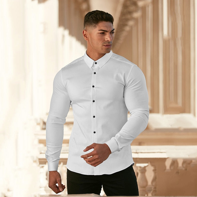 Men Fashion Casual long Sleeve Solid Shirt Super Slim Fit Male Social Business Dress Shirt Brand Men Fitness Sports Clothing