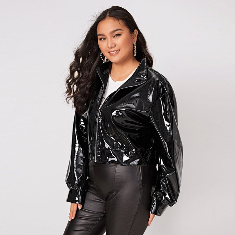 Women Plus Size Zip Up Patent Leather Jacket Long Sleeve Casual PU Turn-down Collar Short Coats Outwear Motorcycle Jacket Custom