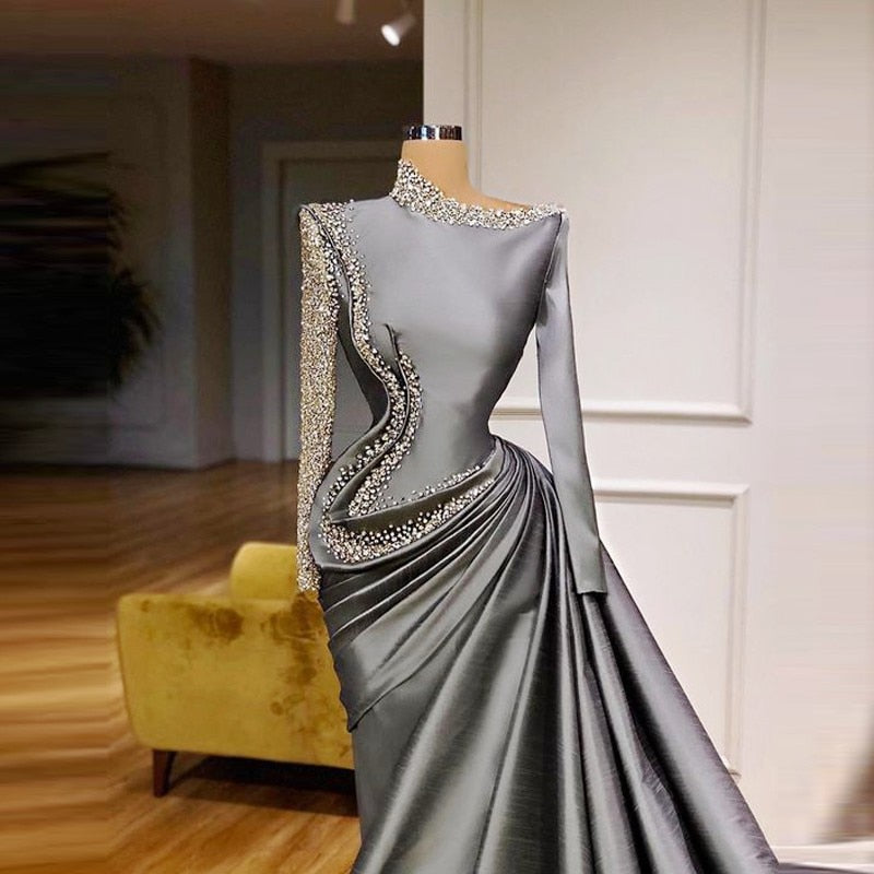 SauDi Arabic Long Sleeves Evening Dresses Major eading Pearsl Sequins Satin Prom Dress vestidos de fiesta Formal Party Gowns