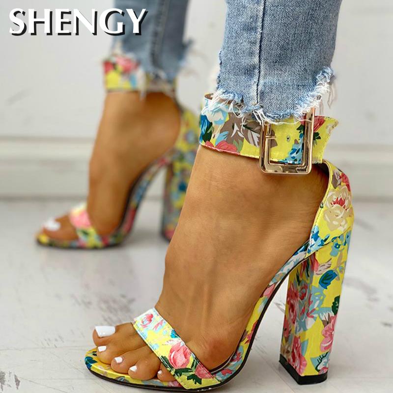 Summer Women Shoes Snakeskin Ankle Buckled Sandals Chunky Heeled Sandals Open Toe Leopard Party Shoes