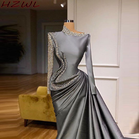 SauDi Arabic Long Sleeves Evening Dresses Major eading Pearsl Sequins Satin Prom Dress vestidos de fiesta Formal Party Gowns