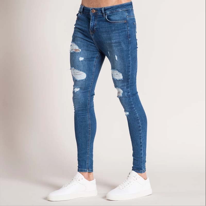 2023 New Mens Jeans Hip Hop White Moto Skinny Ripped Pure Color Elastic Denim Pants Male Casual Waistline Jogging Pencil Pants