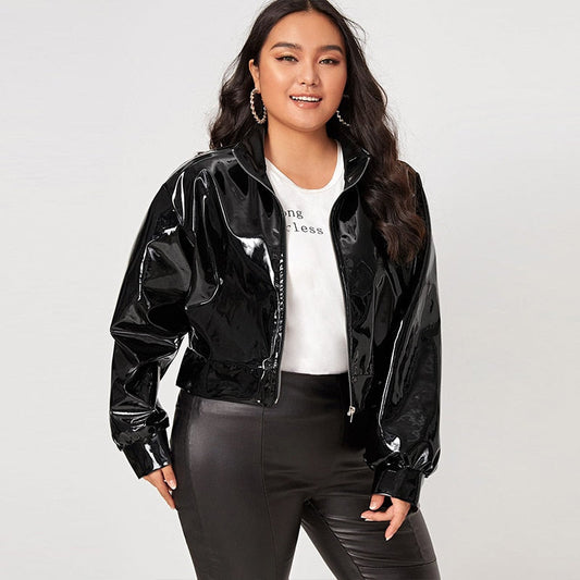 Women Plus Size Zip Up Patent Leather Jacket Long Sleeve Casual PU Turn-down Collar Short Coats Outwear Motorcycle Jacket Custom