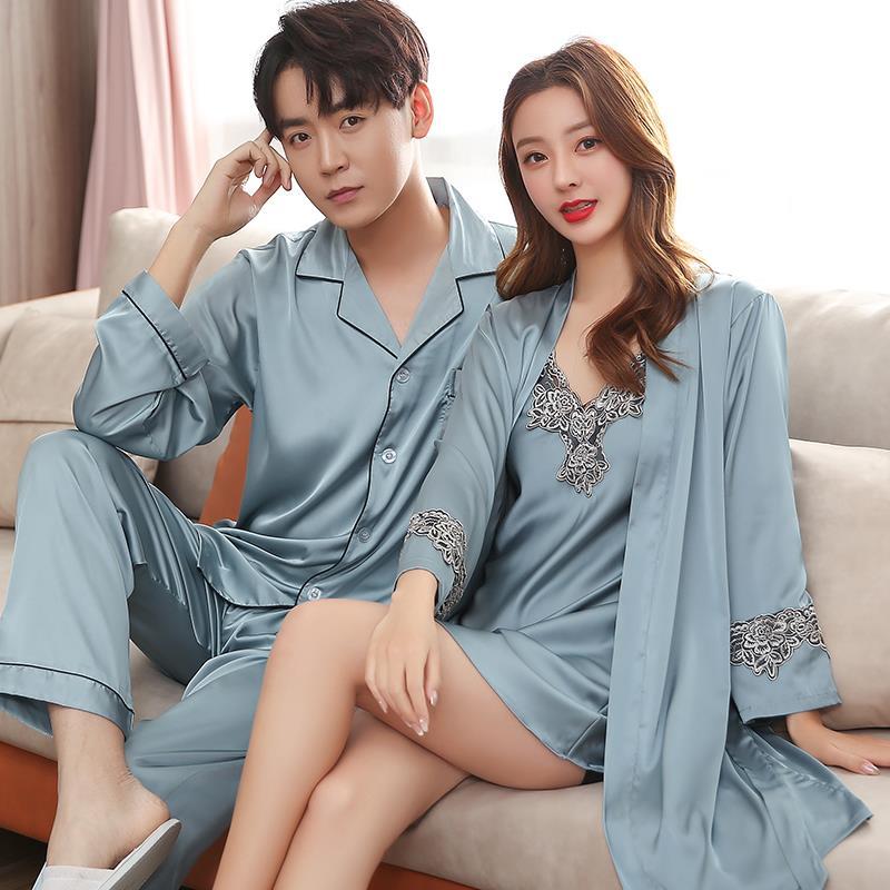 Men Stain Silk Pajama Set Men&#39;s Sleepwears Men Sexy Soft Homme Cozy Satin Nightgown Couples Lounge Pajama Nightwear Home Lovers