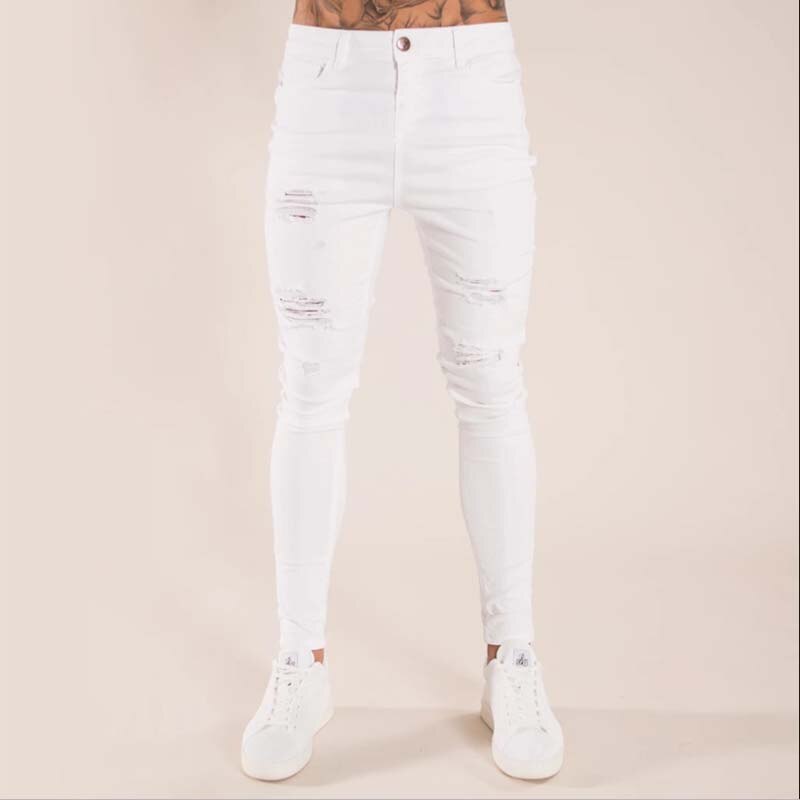 2023 New Mens Jeans Hip Hop White Moto Skinny Ripped Pure Color Elastic Denim Pants Male Casual Waistline Jogging Pencil Pants