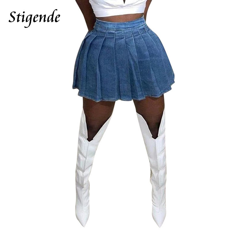 Stigende Casual Denim Pleated Mini Skirt Women Solid Color a Line Jeans Skirt Summer Midi Waist Female Short Skirt