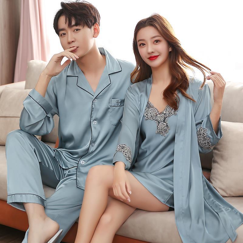 Men Stain Silk Pajama Set Men&#39;s Sleepwears Men Sexy Soft Homme Cozy Satin Nightgown Couples Lounge Pajama Nightwear Home Lovers