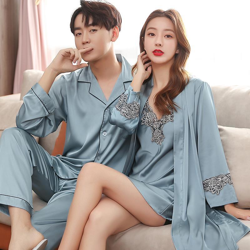 Men Stain Silk Pajama Set Men&#39;s Sleepwears Men Sexy Soft Homme Cozy Satin Nightgown Couples Lounge Pajama Nightwear Home Lovers