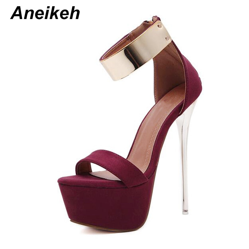 Aneikeh Ankle Strap Heels Platform Sandals Party Shoes For Women Wedding Pumps 16cm High Heels Sequined Gladiator Sandals Black