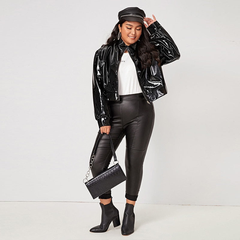 Women Plus Size Zip Up Patent Leather Jacket Long Sleeve Casual PU Turn-down Collar Short Coats Outwear Motorcycle Jacket Custom