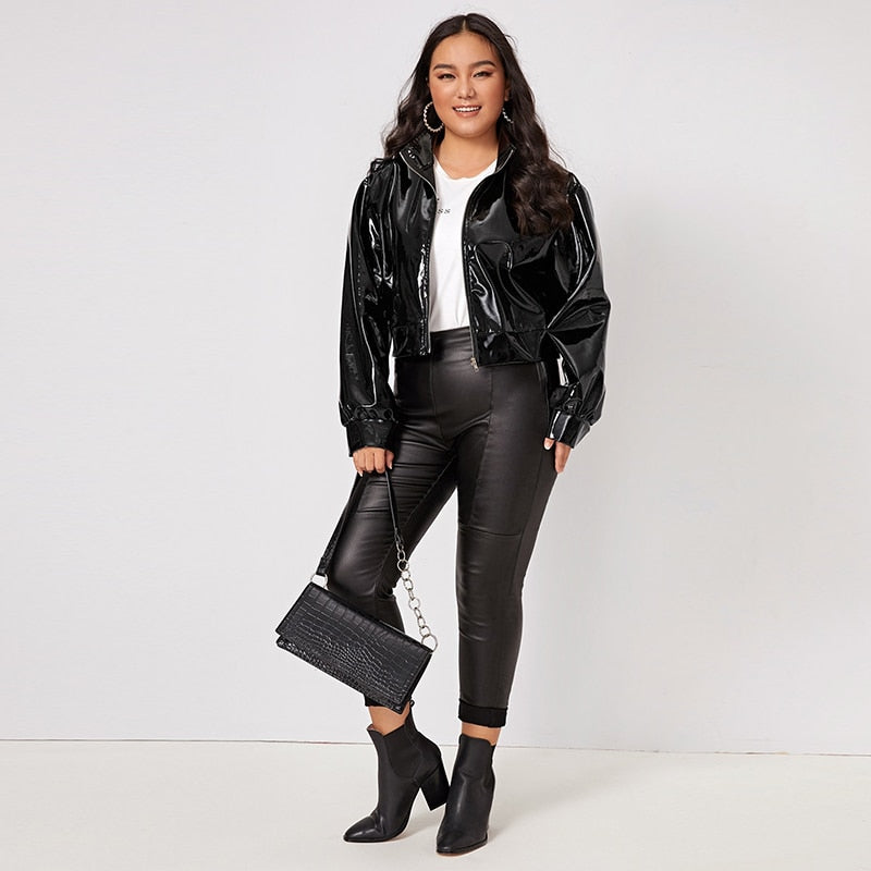 Women Plus Size Zip Up Patent Leather Jacket Long Sleeve Casual PU Turn-down Collar Short Coats Outwear Motorcycle Jacket Custom