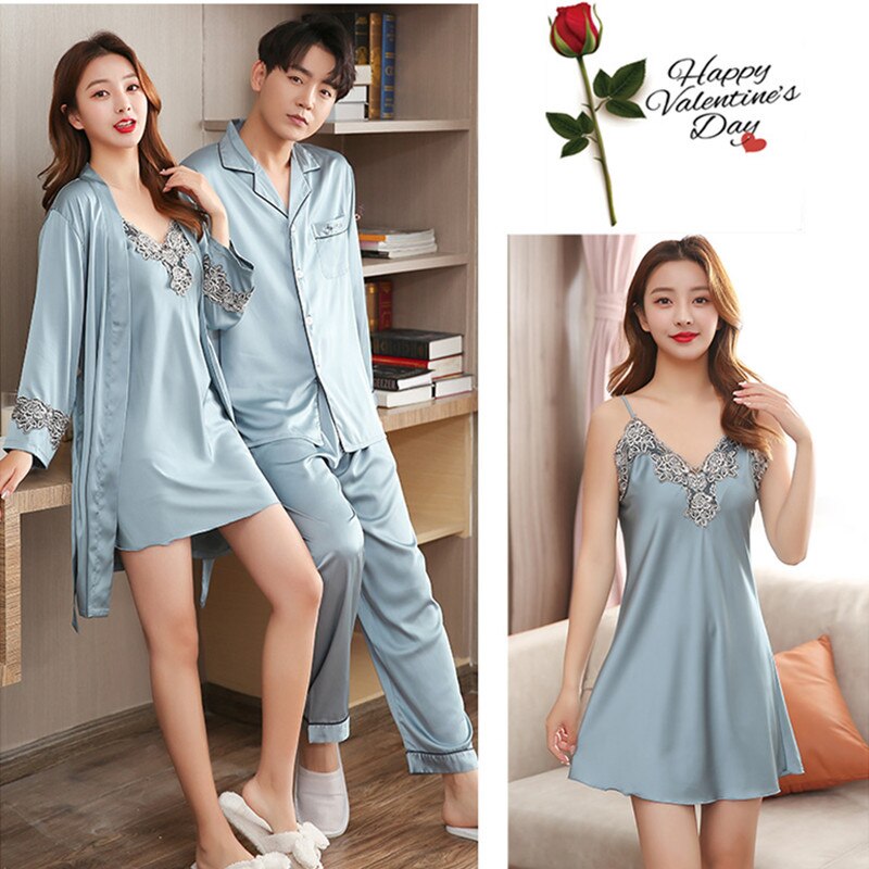 Men Stain Silk Pajama Set Men&#39;s Sleepwears Men Sexy Soft Homme Cozy Satin Nightgown Couples Lounge Pajama Nightwear Home Lovers