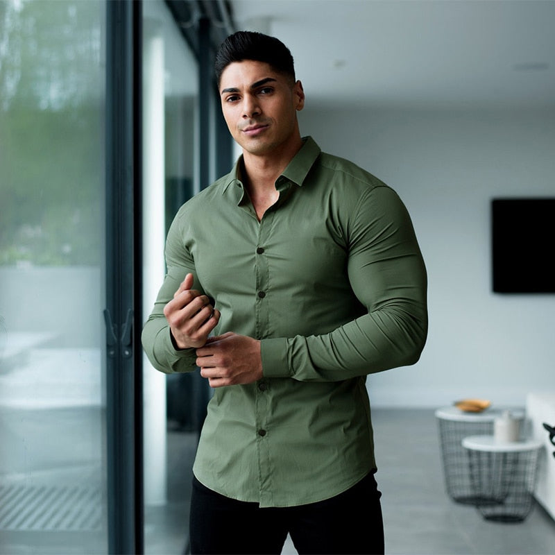 Men Fashion Casual long Sleeve Solid Shirt Super Slim Fit Male Social Business Dress Shirt Brand Men Fitness Sports Clothing