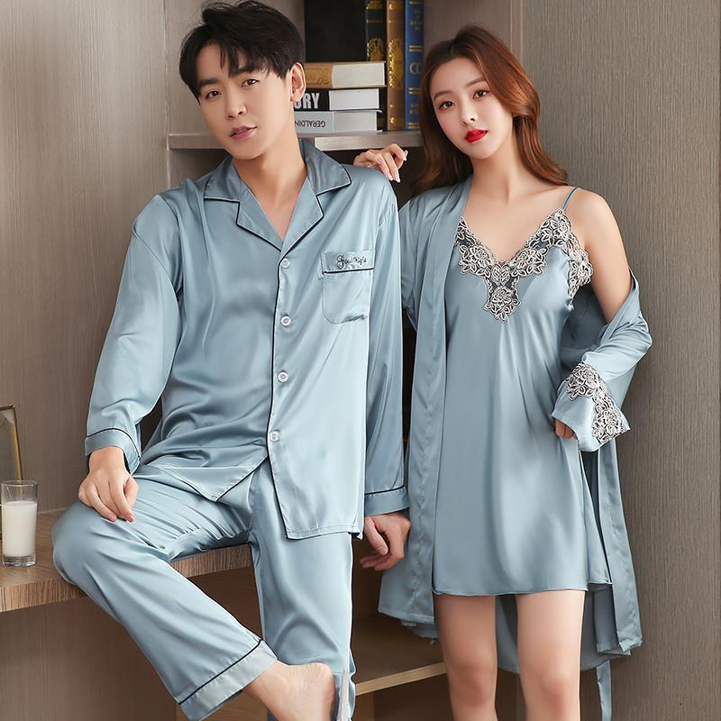 Men Stain Silk Pajama Set Men&#39;s Sleepwears Men Sexy Soft Homme Cozy Satin Nightgown Couples Lounge Pajama Nightwear Home Lovers