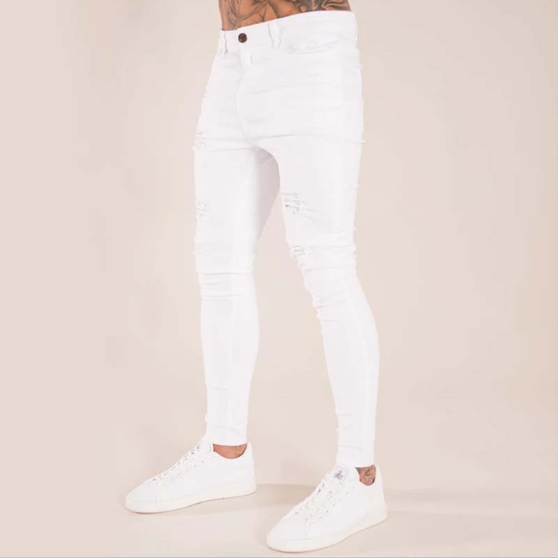 2023 New Mens Jeans Hip Hop White Moto Skinny Ripped Pure Color Elastic Denim Pants Male Casual Waistline Jogging Pencil Pants