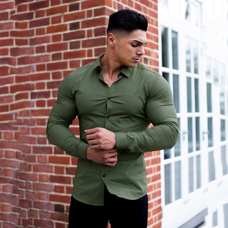 Men Fashion Casual long Sleeve Solid Shirt Super Slim Fit Male Social Business Dress Shirt Brand Men Fitness Sports Clothing