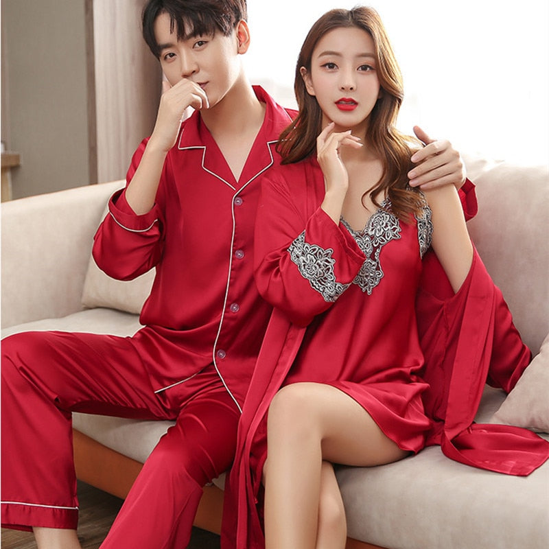 Men Stain Silk Pajama Set Men&#39;s Sleepwears Men Sexy Soft Homme Cozy Satin Nightgown Couples Lounge Pajama Nightwear Home Lovers