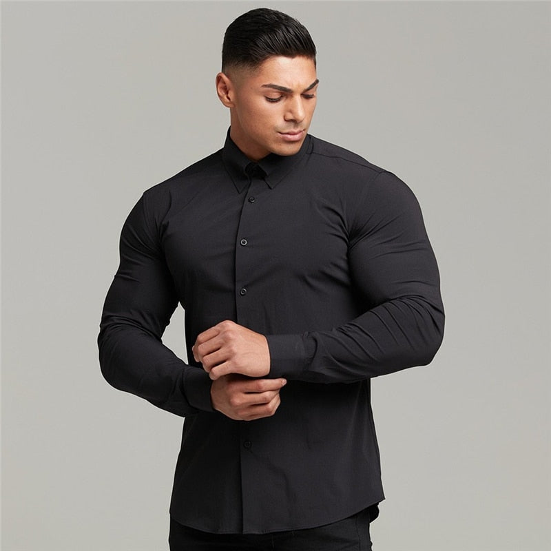 Men Fashion Casual long Sleeve Solid Shirt Super Slim Fit Male Social Business Dress Shirt Brand Men Fitness Sports Clothing