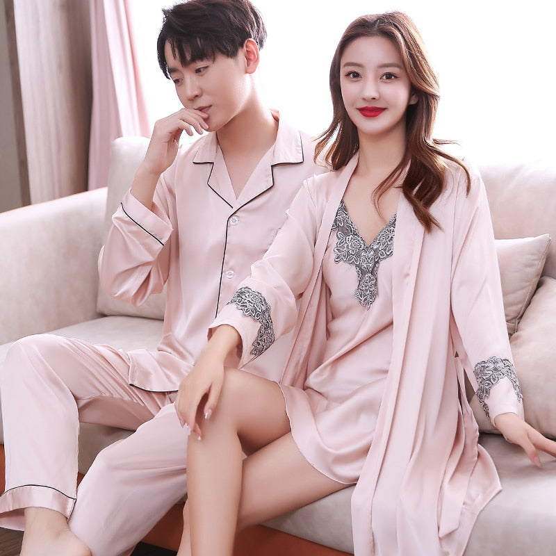 Men Stain Silk Pajama Set Men&#39;s Sleepwears Men Sexy Soft Homme Cozy Satin Nightgown Couples Lounge Pajama Nightwear Home Lovers