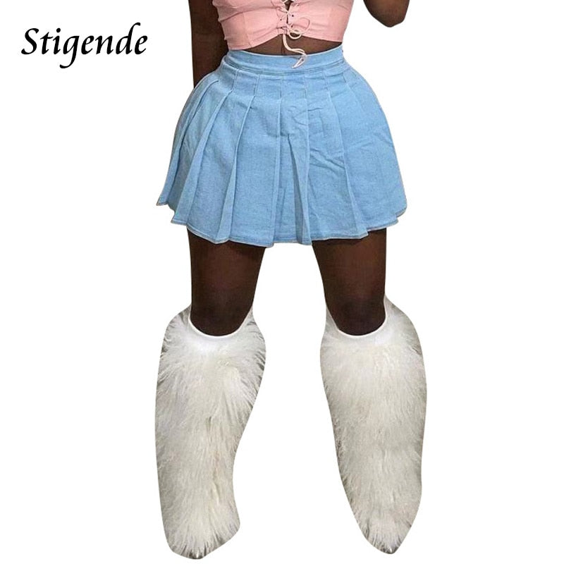 Stigende Casual Denim Pleated Mini Skirt Women Solid Color a Line Jeans Skirt Summer Midi Waist Female Short Skirt