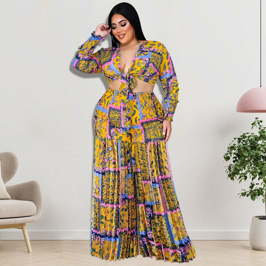 Plus Size Women Clothing 2021 Autumn Pleated Two Piece Suit Big Size 2 Piece Set Women Crop Top And Pants Plus Size Outfits 5xl