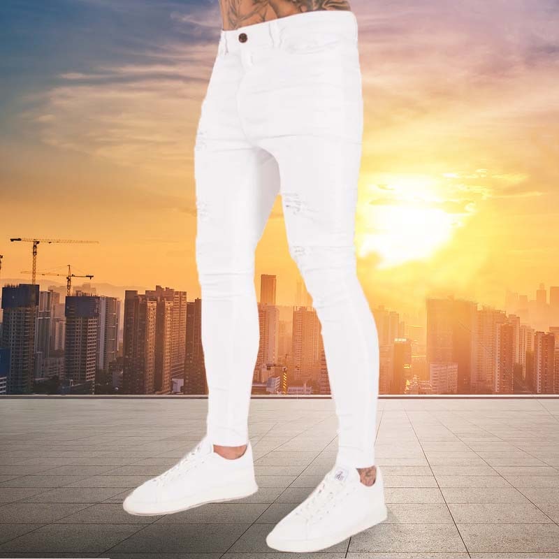 2023 New Mens Jeans Hip Hop White Moto Skinny Ripped Pure Color Elastic Denim Pants Male Casual Waistline Jogging Pencil Pants