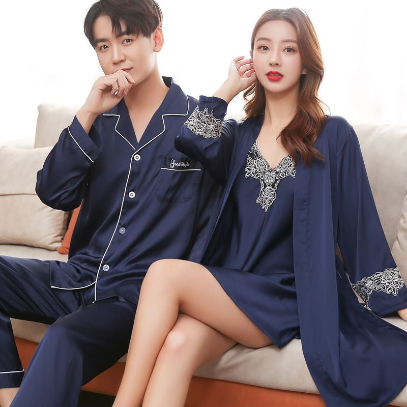 Men Stain Silk Pajama Set Men&#39;s Sleepwears Men Sexy Soft Homme Cozy Satin Nightgown Couples Lounge Pajama Nightwear Home Lovers