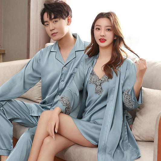 Men Stain Silk Pajama Set Men&#39;s Sleepwears Men Sexy Soft Homme Cozy Satin Nightgown Couples Lounge Pajama Nightwear Home Lovers