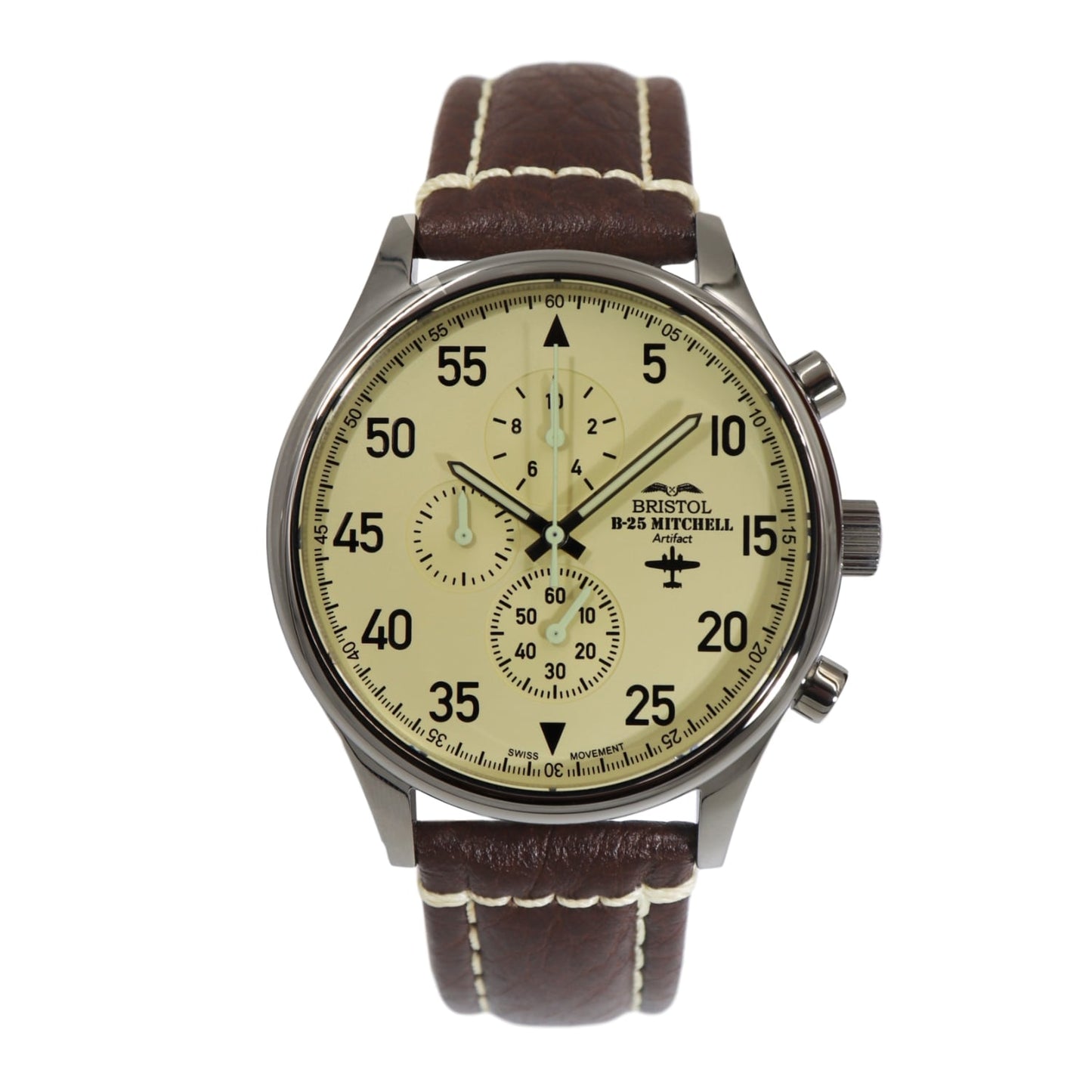 B-25 Mitchell Tribute - Stainless Steel, Polished Finish, Beige Dial, Brown Leather Band with Stitching