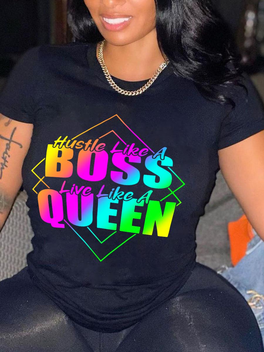 LW Plus Size Woman Clothes Gradient Queen Rainbow Letter Print Round Neck Short Sleeve Casual Black T-shirt