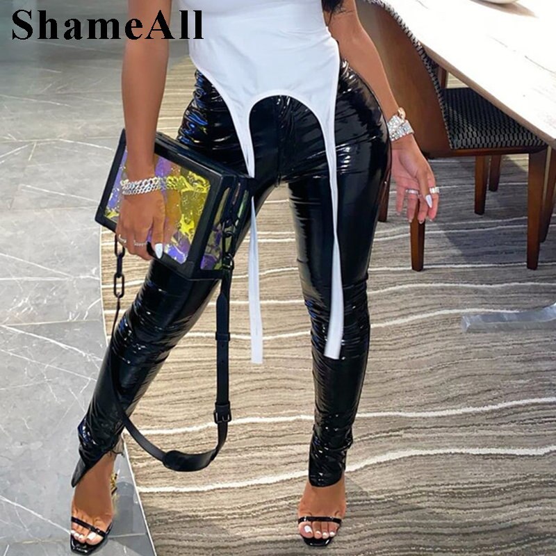 Plus Size Sexy Stretchy Skinny Hem Split Pu Leather Pencil Pants 4XL Zipper Patchwork Hipster Street Stacked Elastic Leggings