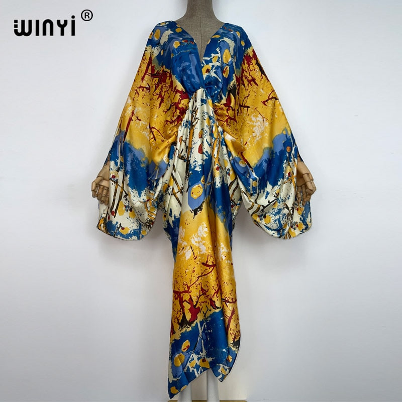 WINYI New Fashion Bohemian Deep V-neck Floral europea For Lady Free Size Loose Batwing Holiday Beach cover up Party Kaftan Dress