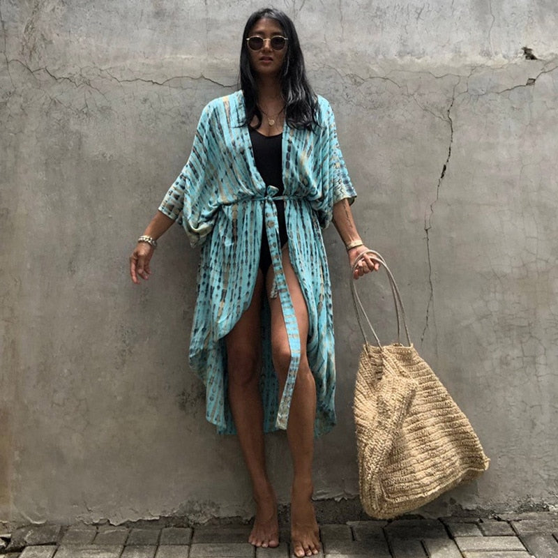 Summer Beach Cover Ups Vintage Printed Belted Kimono Swimwear Long Cardigan Casual Loose Beachwear Outfits Swimsuit Covers Robe