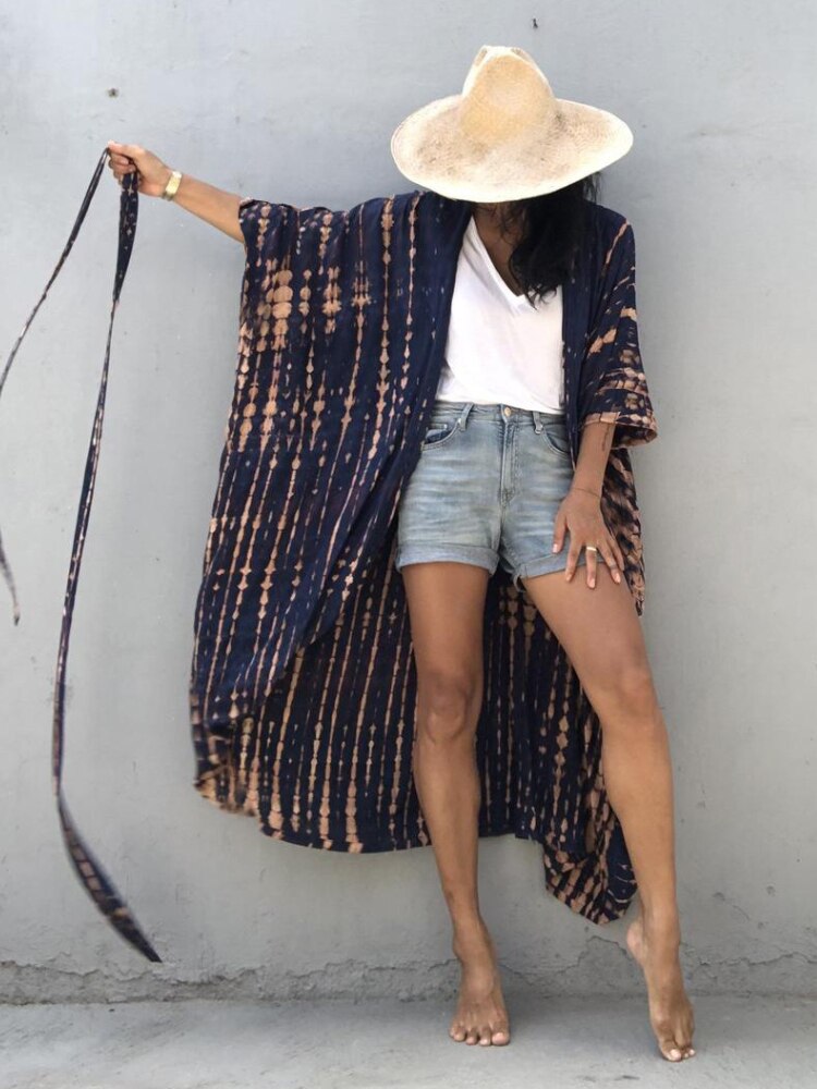 Summer Beach Cover Ups Vintage Printed Belted Kimono Swimwear Long Cardigan Casual Loose Beachwear Outfits Swimsuit Covers Robe