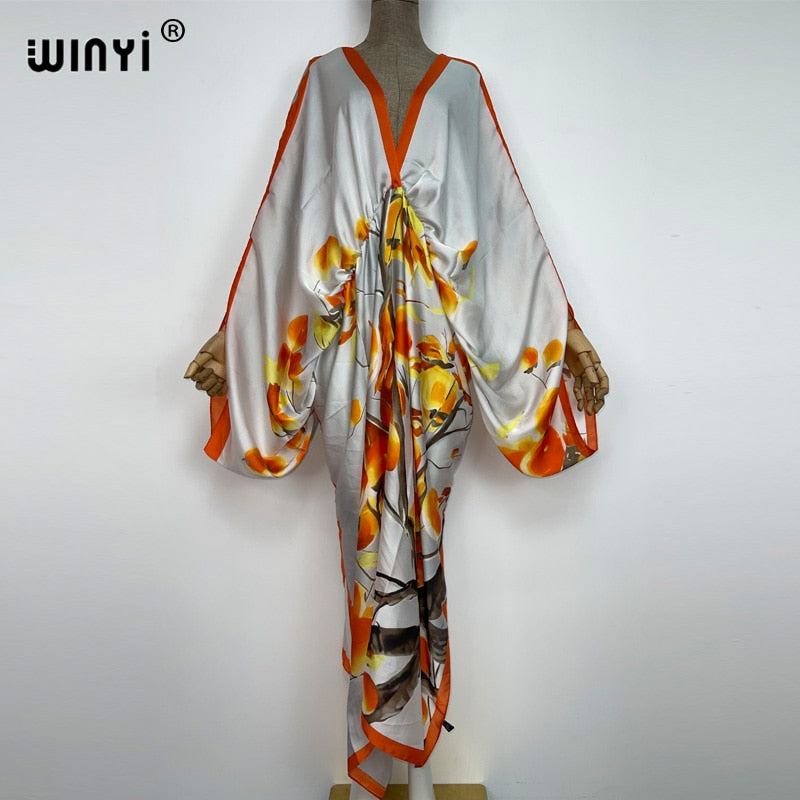 WINYI New Fashion Bohemian Deep V-neck Floral europea For Lady Free Size Loose Batwing Holiday Beach cover up Party Kaftan Dress