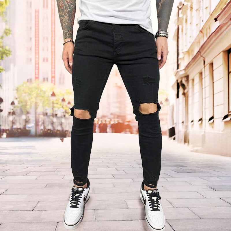 2023 New Mens Jeans Hip Hop White Moto Skinny Ripped Pure Color Elastic Denim Pants Male Casual Waistline Jogging Pencil Pants