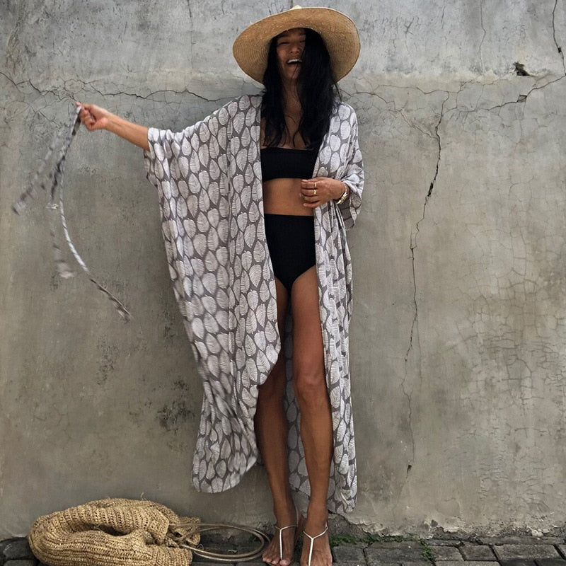 Summer Beach Cover Ups Vintage Printed Belted Kimono Swimwear Long Cardigan Casual Loose Beachwear Outfits Swimsuit Covers Robe