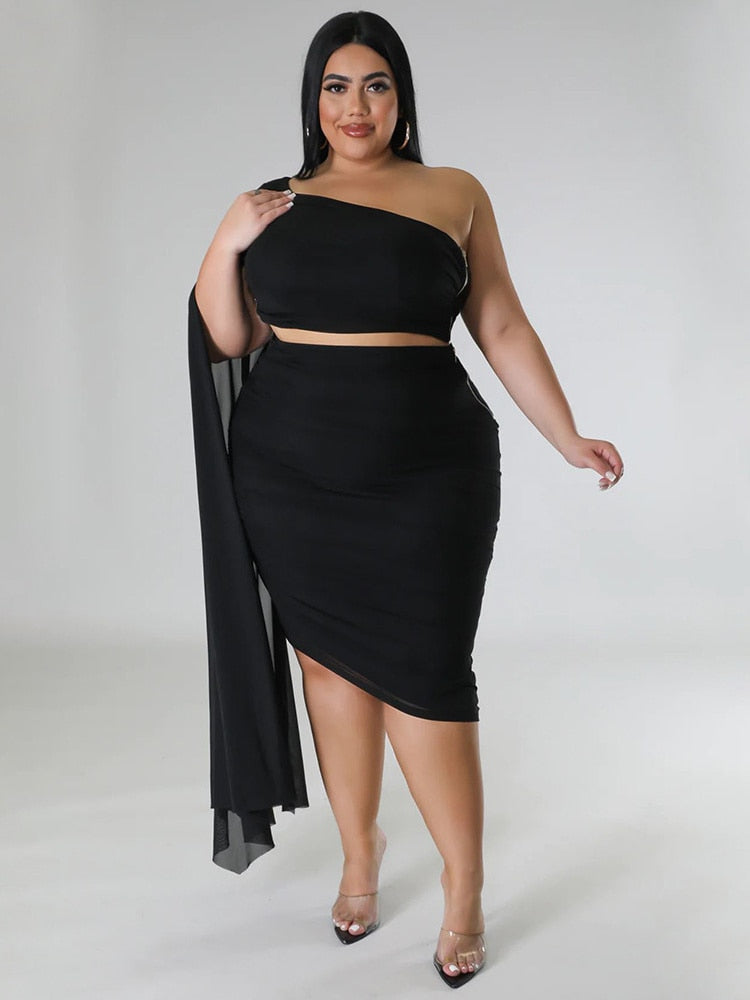 Wmstar Plus Size  New In Matching Sets Two Piece Outfits Summer Single Sleeve Crop Top and Skirts  Sexy Wholesale Dropshipping