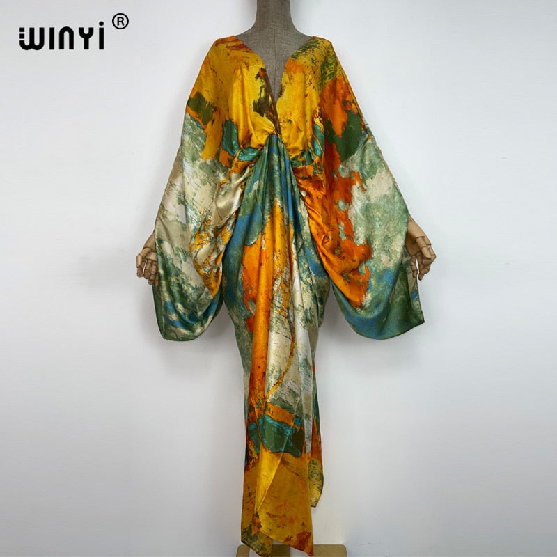 WINYI New Fashion Bohemian Deep V-neck Floral europea For Lady Free Size Loose Batwing Holiday Beach cover up Party Kaftan Dress