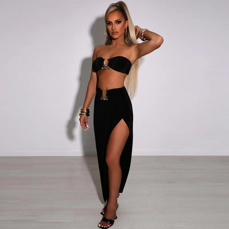 2022 Summer Sexy Fashion Party Split Two Piece Dress Sets Elegant Women Strapless Top And Skirts Outfits Matching Sets Clothes