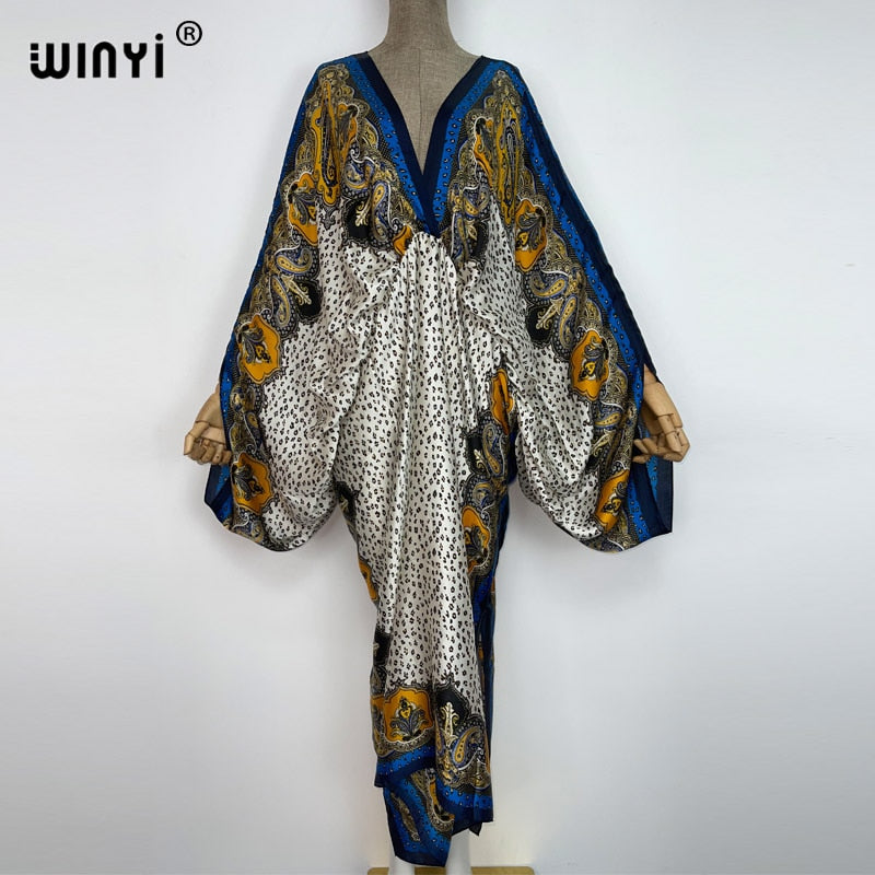 WINYI New Fashion Bohemian Deep V-neck Floral europea For Lady Free Size Loose Batwing Holiday Beach cover up Party Kaftan Dress