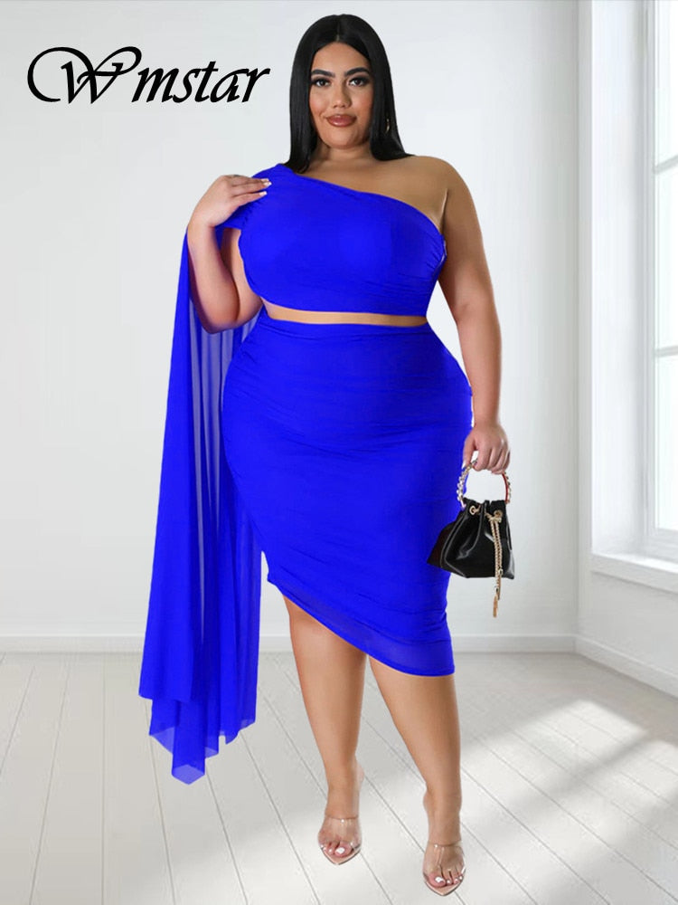 Wmstar Plus Size  New In Matching Sets Two Piece Outfits Summer Single Sleeve Crop Top and Skirts  Sexy Wholesale Dropshipping