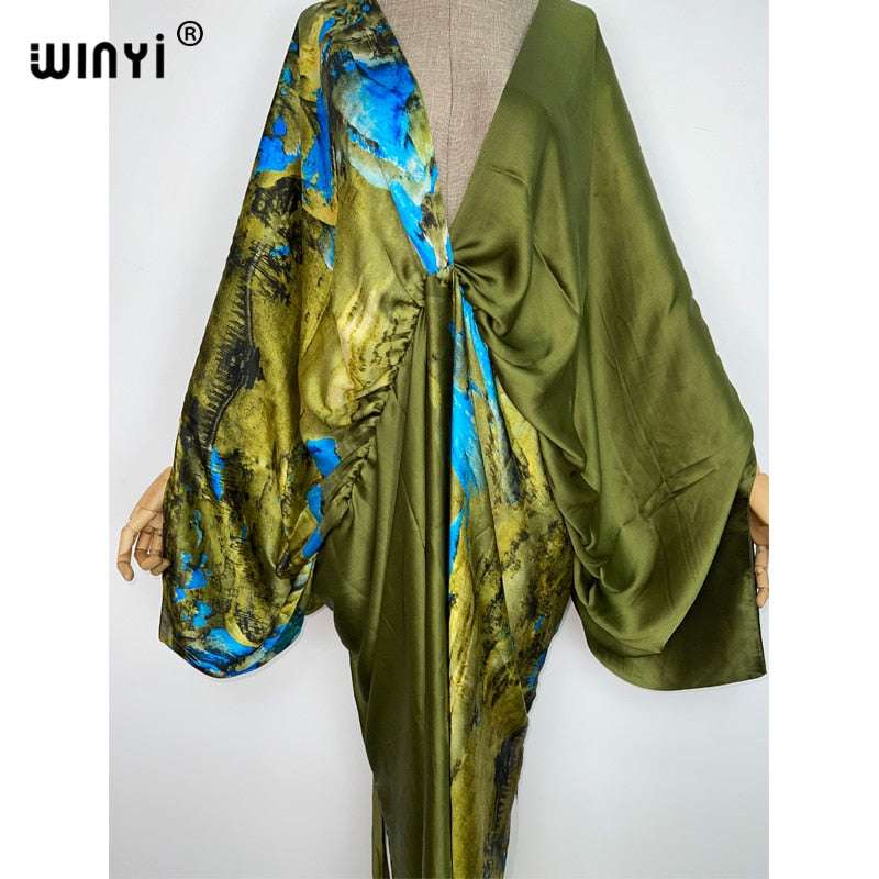 WINYI New Fashion Bohemian Deep V-neck Floral europea For Lady Free Size Loose Batwing Holiday Beach cover up Party Kaftan Dress