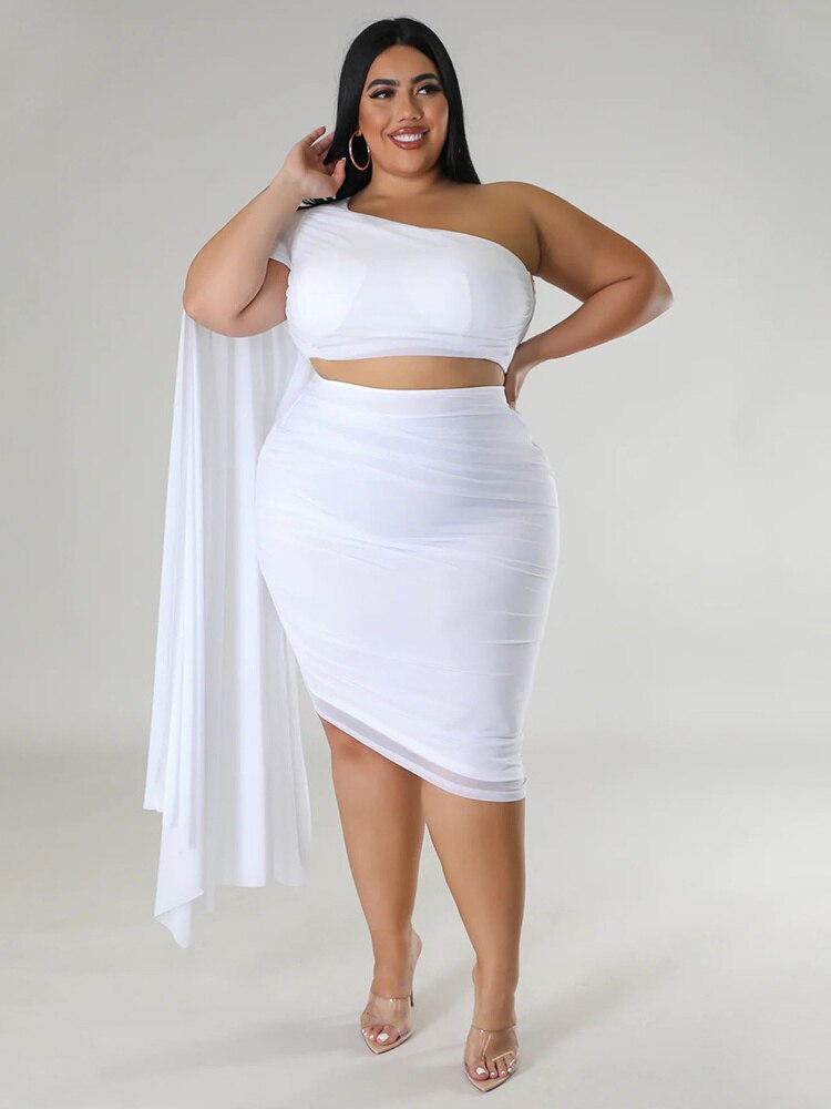 Wmstar Plus Size  New In Matching Sets Two Piece Outfits Summer Single Sleeve Crop Top and Skirts  Sexy Wholesale Dropshipping