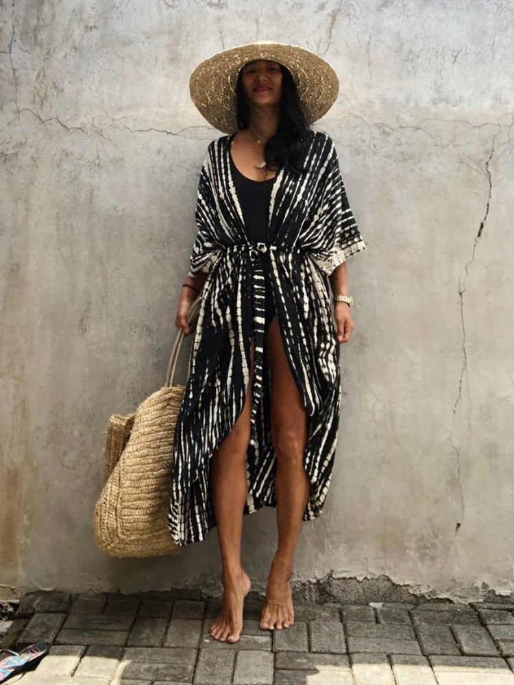 Summer Beach Cover Ups Vintage Printed Belted Kimono Swimwear Long Cardigan Casual Loose Beachwear Outfits Swimsuit Covers Robe