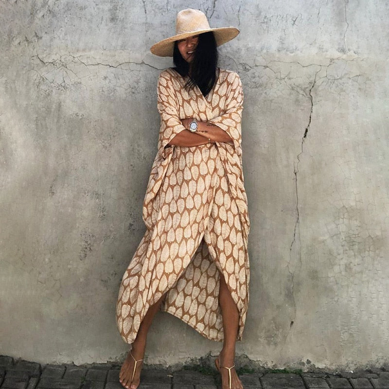 Summer Beach Cover Ups Vintage Printed Belted Kimono Swimwear Long Cardigan Casual Loose Beachwear Outfits Swimsuit Covers Robe