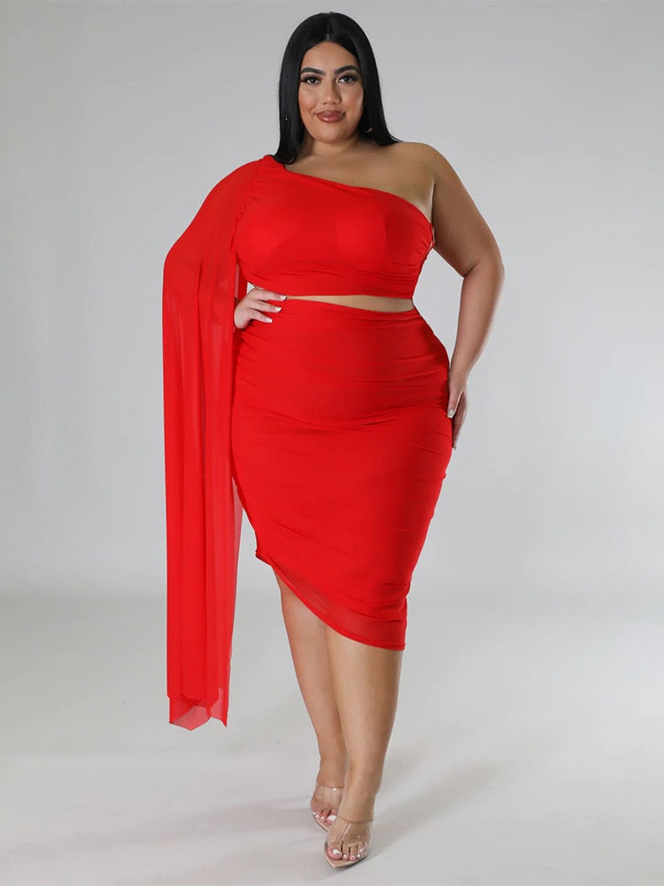 Wmstar Plus Size  New In Matching Sets Two Piece Outfits Summer Single Sleeve Crop Top and Skirts  Sexy Wholesale Dropshipping